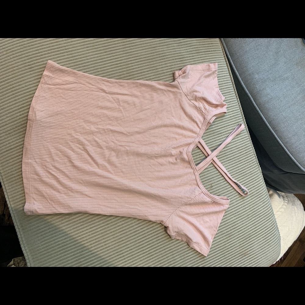 strappy cross neck light pink ribbed fitted tee from garage